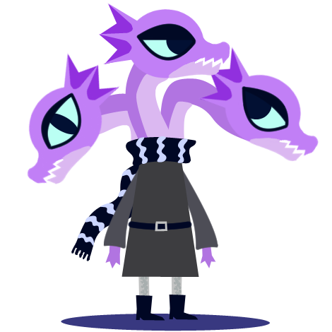 a purple anthro hydra in a black dress and scarf, NITW-style